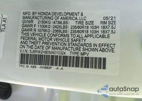 2021 Honda Cr-V Awd Ex-L из США, поврежденный, VIN 5J6RW2H80MA010324